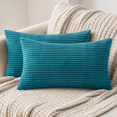 MIULEE Set of 2 Striped Corduroy Square Throw Pillow Case Soft Cushion Cover Sham Home for Sofa Chair Couch/Bedroom Decorative Fluffy Large Pillowcases 12x20 Inch 30x50cm Lake Blue