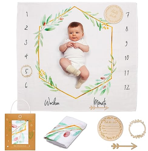 ODOXIA Baby Meilenstein Decke auf Deutsch | Baumwolle Musselin Tuch Baby | Pucktuch | Monatsdecke Baby Junge & Mädchen, Unisex | Blättern & Rahmen | Geschenk Für Mütter | Babydecke Muslin Floral DE
