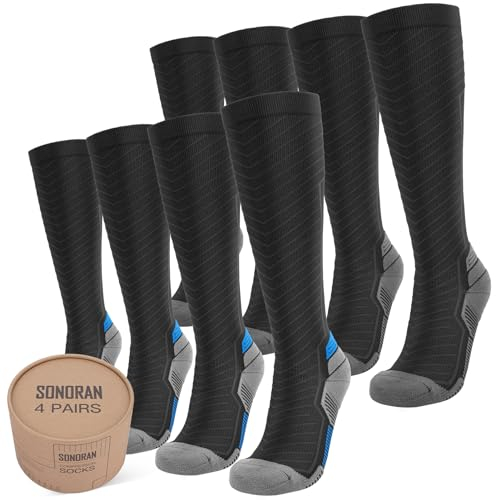 SONORAN 4 Pairs Kompressionsstrümpfe Damen und Herren Klasse 2 Stützstrümpfe Kompressionssocken Compression Socks Kompression für Running, Reisen, Sport L/XL (Schwarz Grau&Blau)