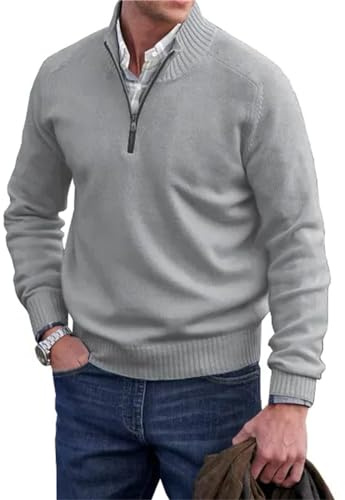 Maglione basic da uomo in cashmere con cerniera, maglione da uomo con cerniera a un quarto, maglione girocollo basic da uomo lavorato a maglia (grigio chiaro, 4XL)