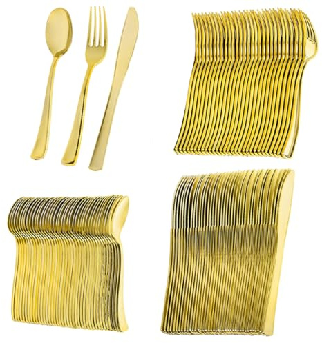 GJIE 150 Elegant Gold Plastic Cutlery Set - 50 Knives, 50 Forks, and 50 Spoons - Hand Washable and Reusable Heavy Duty Tableware for Weddings Birthday Party and Events (150 Pcs)