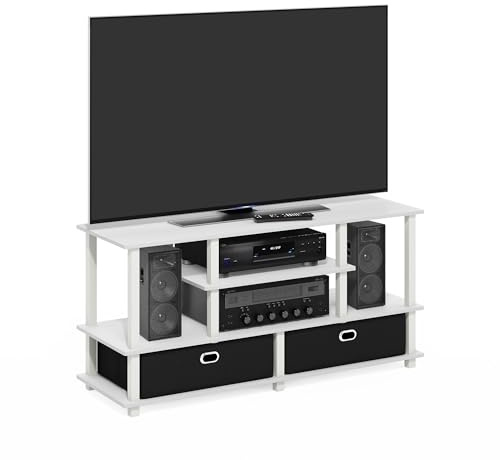 Furinno JAYA TV Stand, 4-Tier Entertainment Center, TV Console for TV up to 55 Inch with 2 Storage Bins and Open Shelves, for Living Room, Bedroom, White