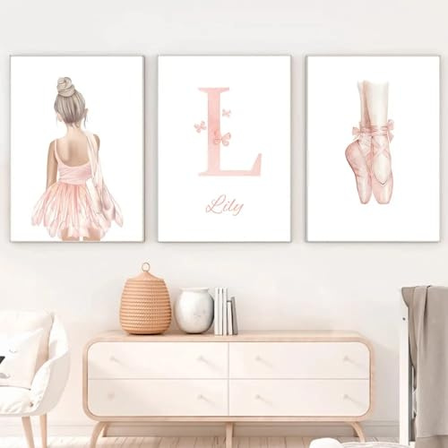 Youihom 3 bilder barnrum flicka rosa 30 x 40 babyrum affisch personliga väggbilder barnrum namn väggaffisch baby ballerina kärlek bildvägg duk utan ram