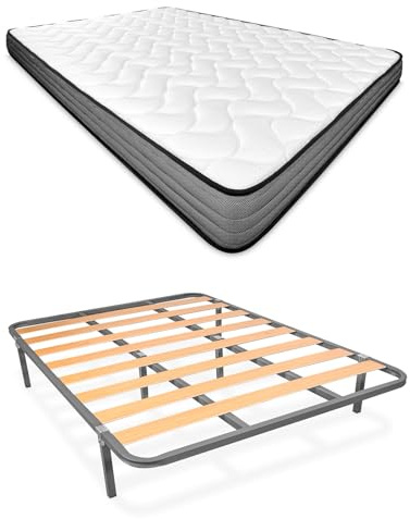 Homey - Cama Completa con Colchón Andrea (Cara Invierno/Verano) + Somier Basic con 6 Patas Abrazadera, 135 x 190