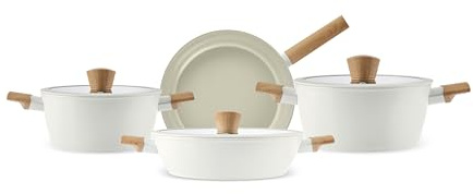Karaca Swiss Crystal Induktionsfähiges 7-teiliges Töpfe-Set, Schmiedekasserollen & Pfanne mit SwissCrystal Antihaft-Oberfläche, Öl-frei Kochen, Creme