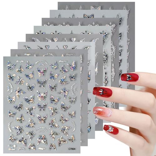 8 adesivi per unghie 3D con farfalla, diversi motivi, sicuri e atossici, adesivi per unghie, autoadesivi, adatti per la maggior parte delle unghie