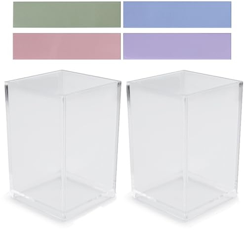 2 unidades de acrílico portalápices, soporte para lápices de escritorio, transparente, para maquillaje, pinceles, organizador para oficina, escuela, hogar, con un juego de notas adhesivas de 4 colores
