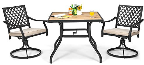 Set da bistrot da esterno, 3 pezzi, con sedie a dondolo girevoli e cuscini, struttura in metallo, mobili da patio, per balcone, cortile e bordo piscina