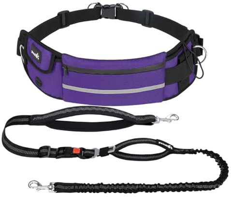 Pecute joggingkoppel hund med magbälte, löpbälte för stora och medelstora hundar, elastiskt koppel med midjeväska | Elastisk stötdämpning, justerbar midja 60–127 cm, andningsbar ficka, reflekterande, perfekt löpning och vandring