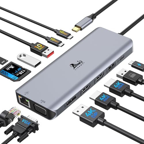 USB C Docking Station 3 Monitore 13 in 1 USB C Hub mit 2 HDMI 4K@60Hz, 8K@30Hz DisplayPort, VGA, 3 USB 3.1 10 Gbps, PD 100W, Gigabit Ethernet, SD/TF Multi-Monitor Adapter für MacBook Dell HP Laptop