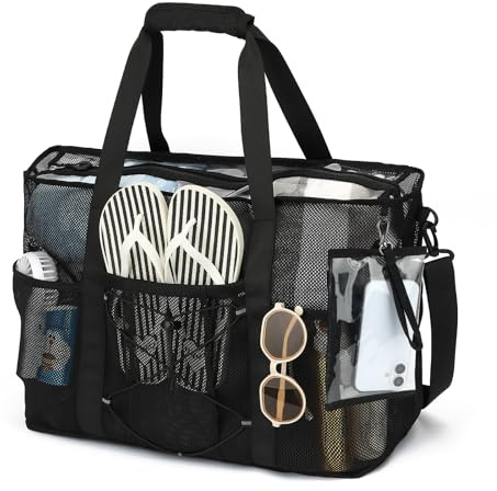 PIG PIG GIRL Mesh Beach Bag, Foldable Extra Large Beach Bags with Zipper, Pool Bag with Portable Phone Pouch for Vacation Travel Pool Waterpark (Black)