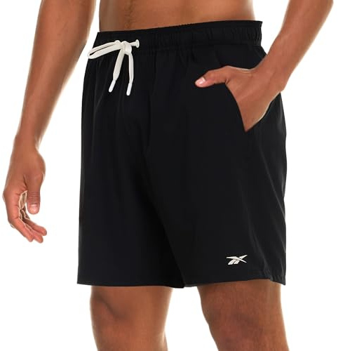 Reebok Mens Swim Trunks with Mesh Liner, 7” Inseam Quick Drying Mens Bathing Suit, Board Shorts for Swimming and Beach Black