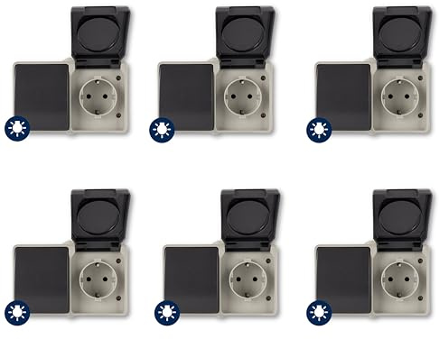 REV AquaBase SPARSET - 6x Schalterkombi - Steckdose 2-polig - A/W Lichtschalter 1-polig, spritzwassergeschützt IP54, Aufputz, grau