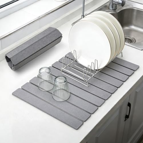 comfoyar Alfombra de Secado de Platos de Piedra para Cocina, Alfombrilla de Drenador de Platos de Diatomita Seca Rápida para Botellas Tazas, Absorbente de Agua, Plegable, 60×39cm, Gris