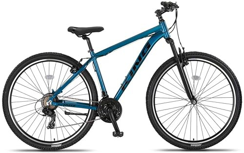 DEPORBIKES Bicicleta montaña Adulto 29 Pulgadas | Cuadro de Aluminio + 21 Velocidades Shimano + Suspensión Delantera con Bloqueo + Frenos V-Break | Bicicleta montaña Segura y Resistente (Azul)