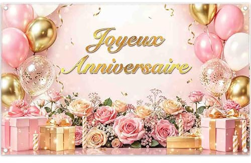Luminora 1,8x1,1 m Toile de Fond Or Rose Joyeux Anniversaire (français)