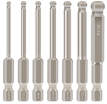 7pcs SAE Ball End Hex Screwdriver Bit Set Allen Bits Imperial 5/64-5/16 Inch 65mm Magnetic 1/4 Inch Hex Shank