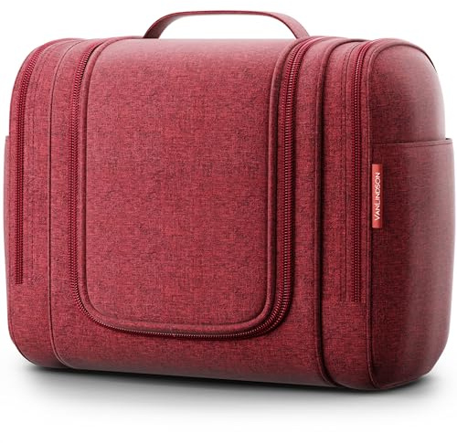 VanLindson Kulturbeutel XXL, 9 Liter Stauraum, 3-in-1 Kulturtasche zum Aufhängen für Damen, Herren und Kinder, Kosmetiktasche für Reise, Waschtasche, Waschbeutel, Wasserabweisend, Rot