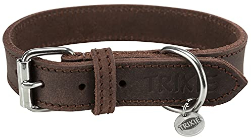 TRIXIE Rustic Halsband Leder Größe S–M: Halsumfang 34–40 cm/25 mm in Dunkelbraun - genähtes Lederhalsband für kleine bis mittelgroße Hunde, in klassischem Design, schonendes Anleinen, 19005
