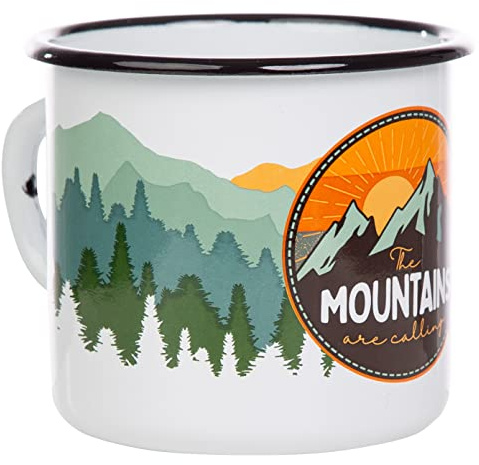 MUGSY Taza esmaltada The Mountains are calling, 330 ml, taza de camping, color blanco