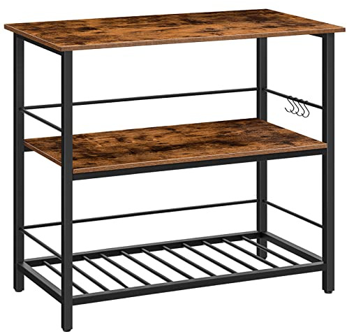 HOOBRO Kitchen Island with Wine Rack, Industrial Island Counter with Hooks and Protective Rails, 3 Tier Kitchen Shelf with Large Workstation, Easy Assembly, Rustic Brown BF02ZD01
