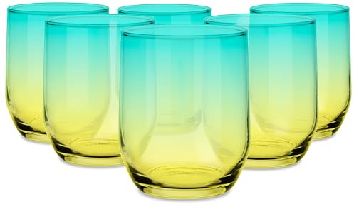 Glasmark KROSNO 1992 Juego De 6 Vasos Para Cócteles 300 ml Copa De Vidrio Para Agua Long Drink Alto Brillo Transparencia Amarillo Turquesa