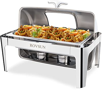 ROVSUN Roll Top Chafing Dish Buffet Set,NSF 9QT Rectangular Stainless Steel Chafer for Catering,Buffet Servers and Warmers Set with Glass Window for Wedding, Parties, Banquet, Events, Full Size