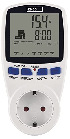 EMOS P5822 Energiekosten, Stromverbrauchszähler mit LED-Indikation, Stromkosten-Messgerät, Stromzähler, Wattmeter mit Überlastsicherung und Kinderschutz, CO2-Emissionen-Messgerät, 230 V, Weiß