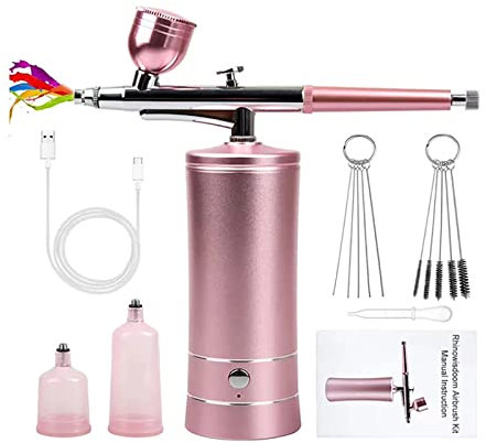 Joyeee Kit de aerógrafo, compresor de pistola de aerógrafo recargable de mano inalámbrico para decoración de pasteles, pintura modelo, maquillaje, arte de uñas - rosa