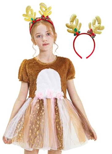 IKALI Girls Deer Fawn Costume, Christmas Party Fancy Tutu Dess Holiday Animal Theme Dress Up Role Play Reindeer Outfit with Headband for Kids Children Teens Toddlers