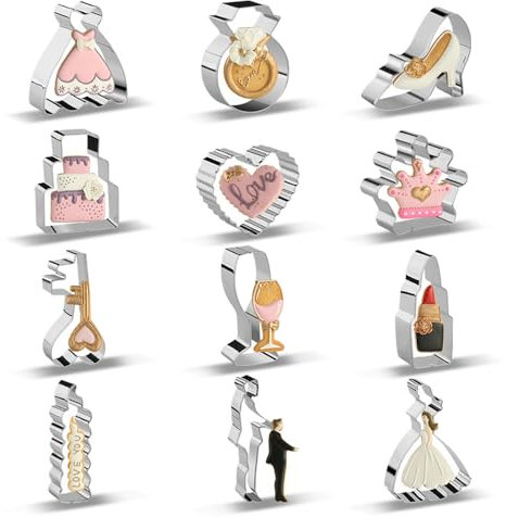 Belons Juego de 12 cortadores de galletas de boda, cortadores de galletas de acero inoxidable para el día de San Valentín para decoración de pasteles de fondant, glaseado, pastelería, azúcar, hornear