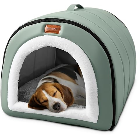ALLSOPETS Cama Cueva para Perros, Cama Auto-Calefactable 2-en-1 Plegable para Gatos y Perros Pequeños y Medianos, Casa Iglú para Gatos Tienda Mascotas con Techo y Asas (Verde Salvia, M)