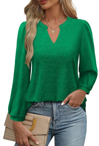 Cerrlop Blusa elegante para mujer, cuello en V, bordado con agujeros, parte superior, holgada, manga larga, túnica de doble capa, verde, L