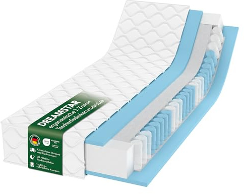 DREAMSTAR Ergo Flex XXL tvåficksfjädermadrass 160 x 200 cm ergonomisk 7-zonmadrass Öko-Tex H2 (0-80 kg) och H3 (80-100 kg) allergivänlig och antibakteriell 22 cm hög 160 x 200 cm