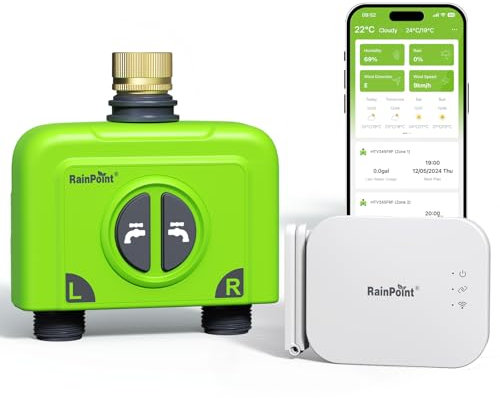 RAINPOINT Bewässerungscomputer WLAN 2 Ausgänge mit Antennen-Gateway und Messingeinlass Smart Bewässerungssteuerung mit APP/Sprachsteuerung IP65 Garten Automatische Bewässerungssystem, 2x6 Zeitplänen