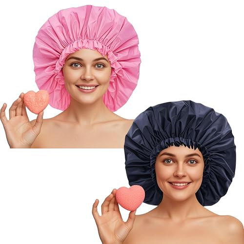 Extra Large Shower Caps for Braids, 2 Pcs Waterproof Shower Caps for Women, Reusable Bath Hair Caps Large Size Hair Bonnets for Long Thick Curly Hair, Locs, Dreadlocks, Perms (Black, Pink)