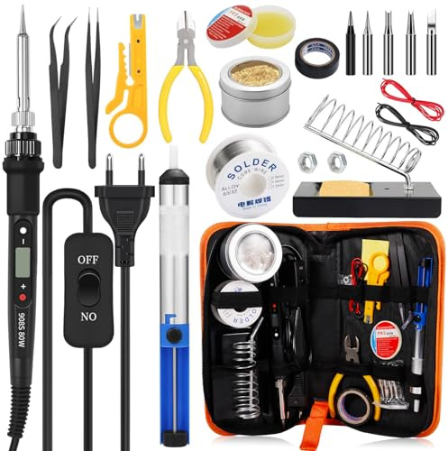 SaiXuan Fer à Souder 80W avec Affichage Digital (350–500℃), Kit de Soudure 21 en 1 avec 5 Pointes, Pompe à Dessouder, Support, Outils Complets & Étui PU – Pour Électronique et Réparations