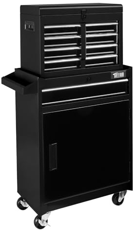 Bonnlo 2 in 1 Werkstattwagen mit 1 verstellbare Schrank & 5 Schubladen,Werkzeugwagen mit seitliche Werkzeugablage,Schnalle, Griff, Schubladensperrstange, Werkstattschrank 58x33.5x70 cm, Schwarz