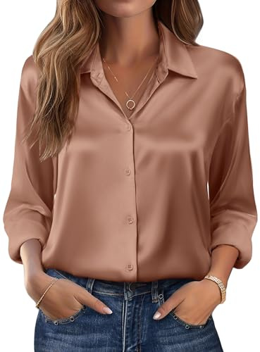 Zeagoo Blusa de Satén para Mujer Elegante Cuello en V Blusas de Manga Larga con Botones Parte Superior Informal Sólida Suelta Oficina Casual Fiesta Marrón Claro M