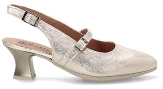 PITILLOS - Zapato de Piel con tacón,Destalonado,Hebilla en el Tobillo,clásico,Liso,salón,Punta Fina,Brillo para: Mujer Color: Oro Talla:38