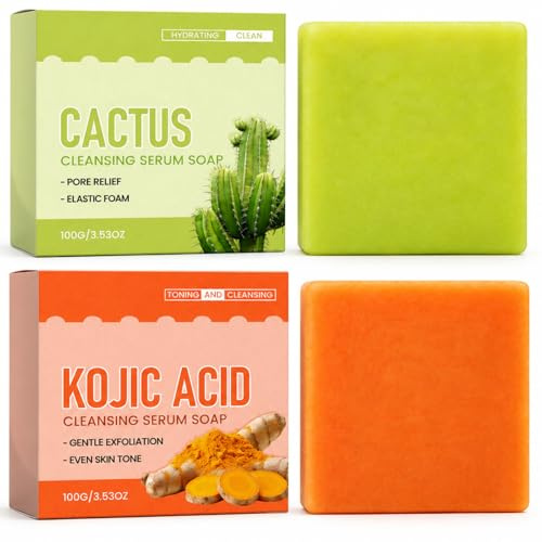 2PCS Turmeric and Kojic Acid Soap Bar, Cactus Soap Bar, Facial Cleanser | Exfoliating Soap Bar for Face and Body, Soap Bar for Hydrating & Gentle Cleansing, Moisturizing Skin Brightening Soap