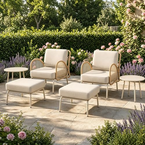 2026 Upgrade 12 Pcs Outdoor Lounge Chair Set, Garden/Patio/Balcony Furniture Set, with 2 Chairs, 2 Ottomans & 2 Coffee Tables, Features 6 Cloud-like Soft Cushions for Relaxation Moments,Small Spaces