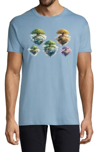 Flytande öar med frodiga träd och vattenfall rund hals bomull herr t-shirt ljusblå