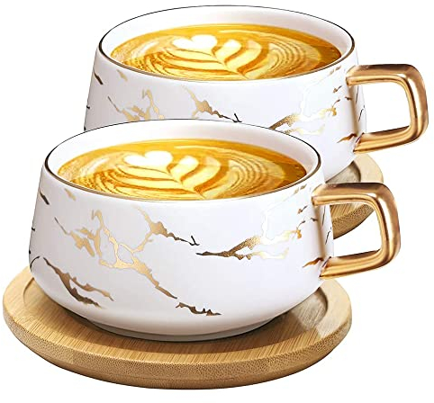 VETIN 2 Stücke Cappuccino Tassen mit Unterteller, Tasse Marmor, 300 ml Espressotassen aus Porzellan für Tee Kaffee Cappuccino, Kaffee-Tassen mit Holzscheibe (Weiß*2)
