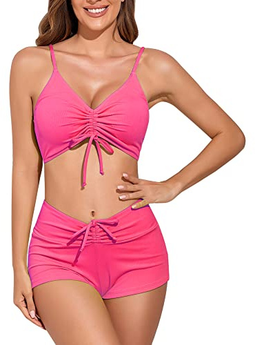 meioro Solid Swimsuit for Women Tie Front Shorts Bikini Two Piece Swimwear Athletic Bathing Suits High Waist Swimming Suit(Bright Pink,S)
