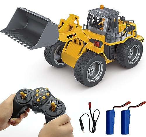 Fistone RC Front Loader, 4WD Alloy Shovel Loader Tractor, 9 CH 2.4Ghz RC Bulldozer Construction Vehicle Radio Control Tractor Truck Toy with Lights for Kids Age 8-12 Years Old