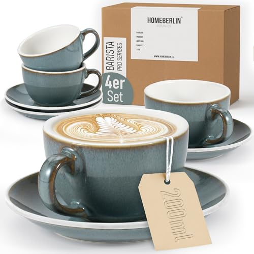 HOMEBERLIN® Barista Pro Cappuccino Tassen Set - 200ml Kaffeetassen Set - Premium Kaffee Tassen Set aus hochwertigem Steingut - Vier Moderne Kaffeetassen mit passenden Untertassen - 100% Handfertigung
