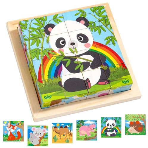 Würfelpuzzle Holz, 3D Bilderwürfel Puzzlespiele, 6 in 1 Tier-Motive Holzpuzzle Montessori Spielzeug, Puzzlespiele für Kinder ab 1 2 3 Jahre, Montessori Lernspielzeug Geschenk für Jungen Mädchen