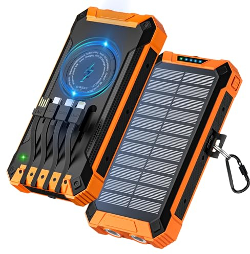 Wireless Solar Powerbank 26800mAh mit 4 Kabeln, Powerbank USB-C Input/Output 15W Schnellladung 6 Ausgänge 3 Eingänge für Handy Tablette und mehr, Outdoor Externer Akku mit Taschenlampen (Orange)