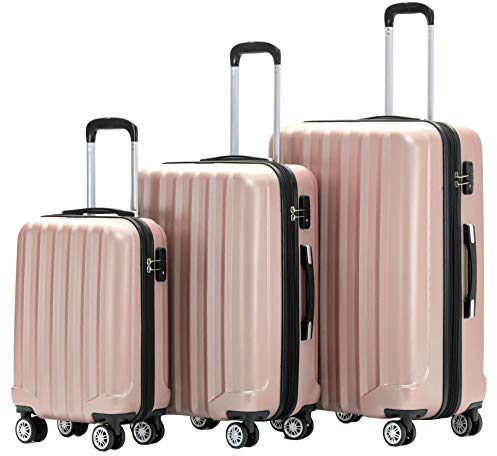 BEIBYE TSA-Schloß 2080 Zwillingsrollen 3 TLG. Reisekofferset Koffer Kofferset Trolley Trolleys Hartschale (Rosa Gold)